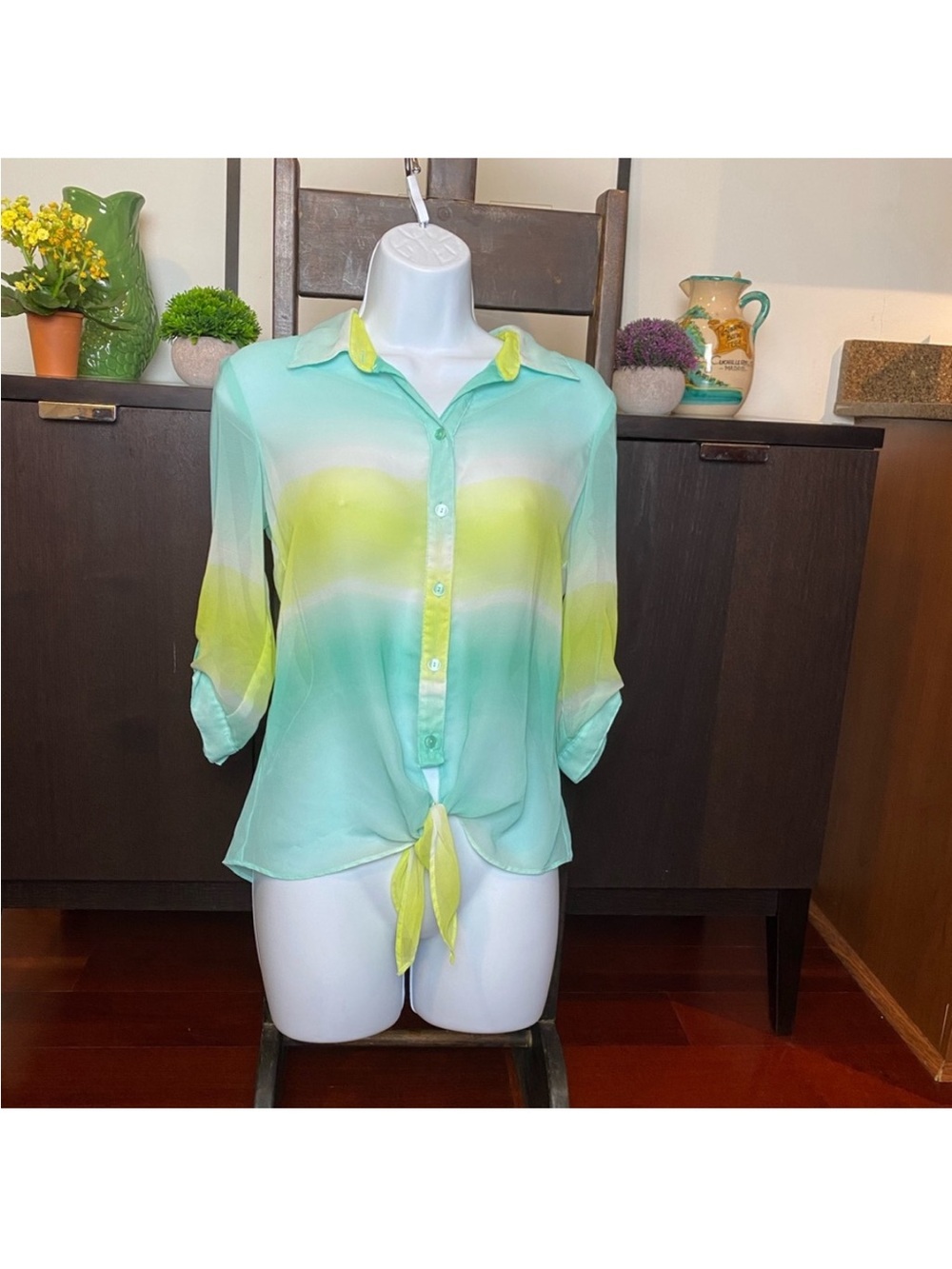 Tie-Front Sheer Ombre Button-Up Blouse